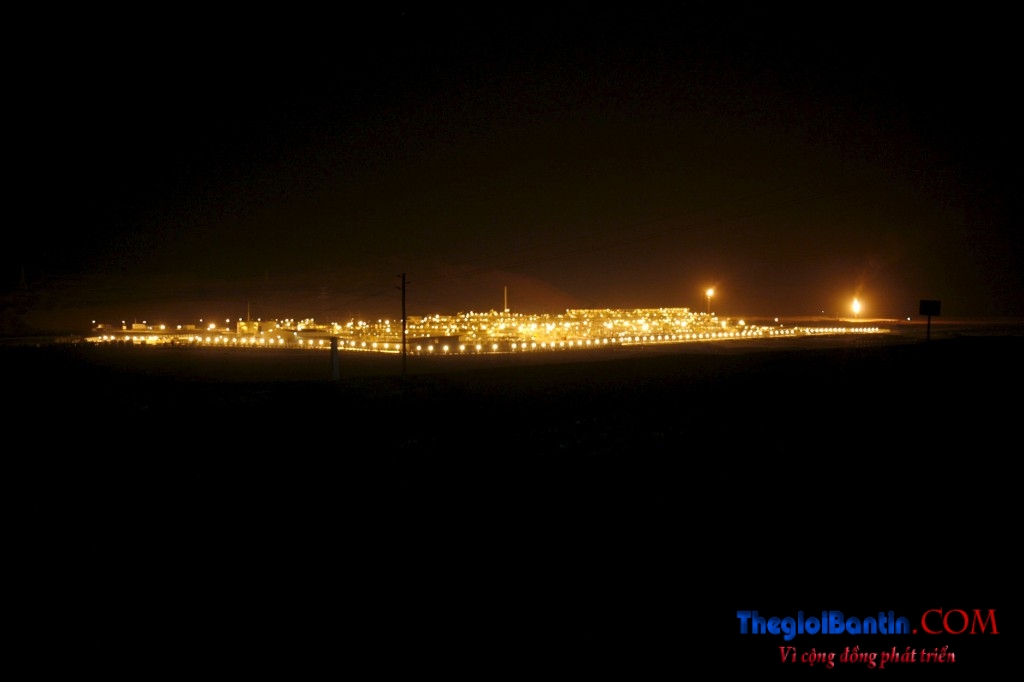 File photo of Shaybah oilfield complex at night in the Rub' al-Khali desert, Saudi Arabia
